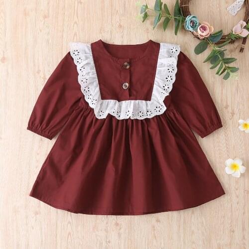 Fashion Autumn Baby Girls Dress Long Sleeve Lace Round Neck Shaped Kids A-line Dresses Children Clothes For 3-18Months