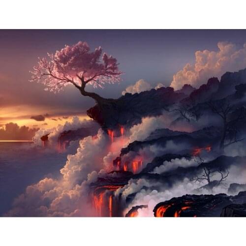 5D DIY Diamond Painter Landscape Sakura Blossom Lava and Sakura Diamond Embroidery Cross Stitch Kit Mosaic Home Decoration