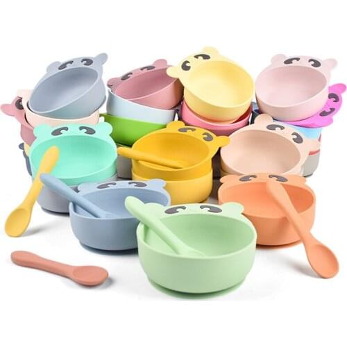 1Set Silicone Baby Feeding Bowl Set Baby Learning Panda Dishes Suction Bowl Set Silicone Fork Spoon Non-Slip for Babies BPA Free