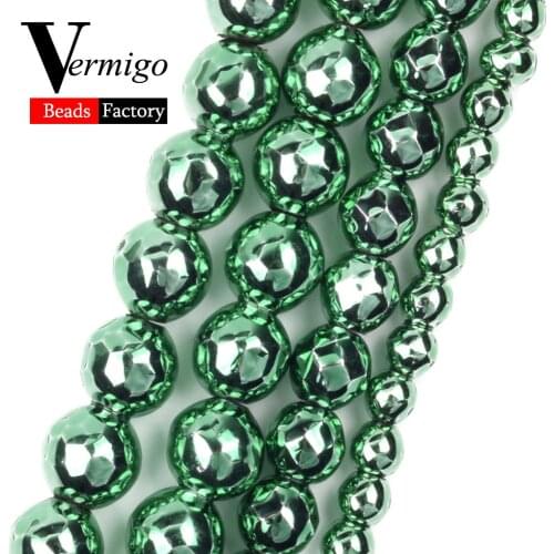 Natural Mineral Beads Plating Green Faceted Hematite Beads For Needlework Jewelry Making 3 4 6 8 10mm Pick Size Diy Bracelet 15"