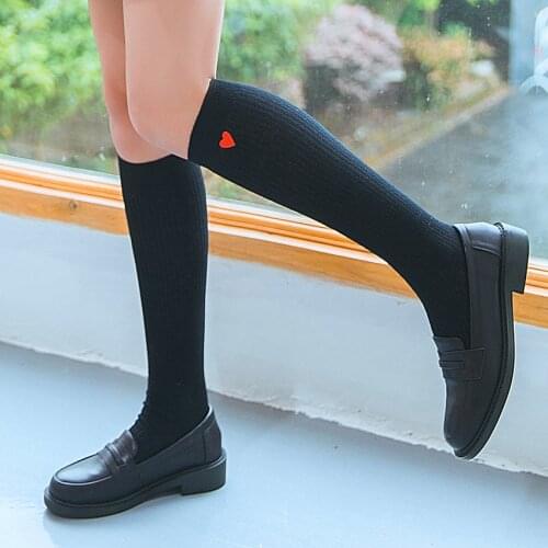 Calf Socks Black Long Tube Embroidery Red Love Socks Tube Japanese Style Knee-length Womens Street Pure Cotton Pure Color Sexy