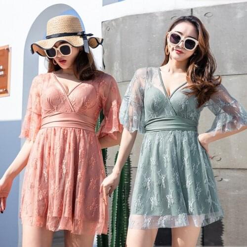 2021 New Fashion Ladies Solid Color Swimsuit Sexy Lace Ins Wind Covering The Meat Is Thin and Big Breasts Gathered Swimsuit