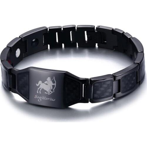 Personalized Constellations Zodiac Sagittarius Black Stainless Steel Carbon Men Bracelet Bio Therapy Adjust Tool