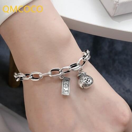 QMCOCO 925 Silver Vintage To Do Old Dollar Money Bag Blessing Hand Chain Bracelet For Charm Woman Simple Jewelry Gift