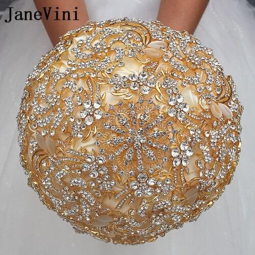 JaneVini 2018 Luxurious Gold Bridal Bouquets for Wedding Custom Crystal Artifical Rose Wedding Bouquet Mariage Buque De Noiva