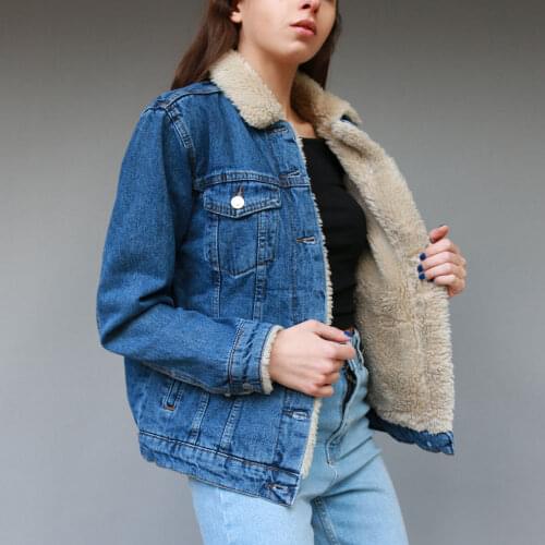Spring Autumn Women’s Denim Jacket Fur Collar Thick Jean Outerwear Coat Long Sleeve Padded Lambswool Elegant Fashion