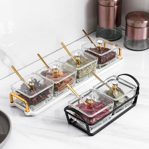 European Style Glass Seasoning Jar with Ceramic Tray Set Household Kitchen Seasoning Box with Spoon Salt MSG Sugar Storage Jar