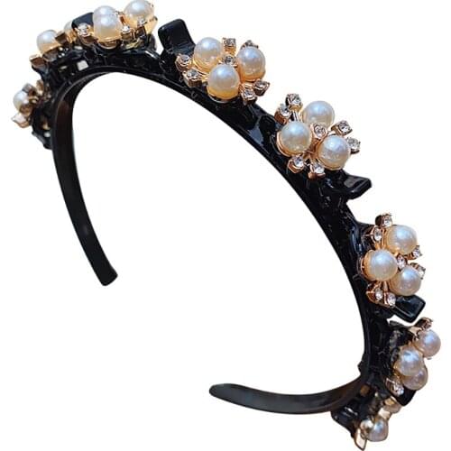 Rhinestone Alice Pearl Headbands Double Bangs Hairstyle Hairpin Headband Braided Double Layer Twist Plait Headbands With Clips