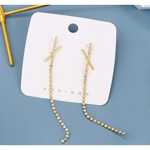 Vintage Gold Color Bar Long Thread Tassel Drop Earrings for Women Geometric Korean Crystal Earring Fashion Jewelry 2020 New
