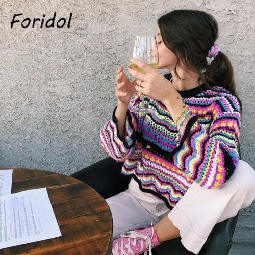 Foridol Striped Knitted Rainbow Sweater Pullovers Women Hollow Out Autumn Winter Oversized Black Short Jumper Vintage Sweater