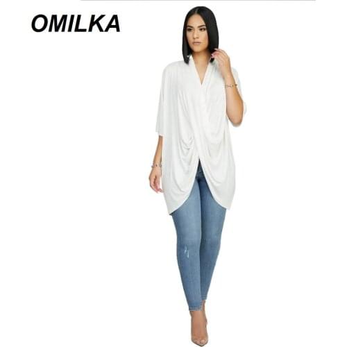 OMILKA Cross Criss Irregular T Shirt 2019 Autumn Women Half Sleeve V Neck Casual Loose Street Draped Tops Tees