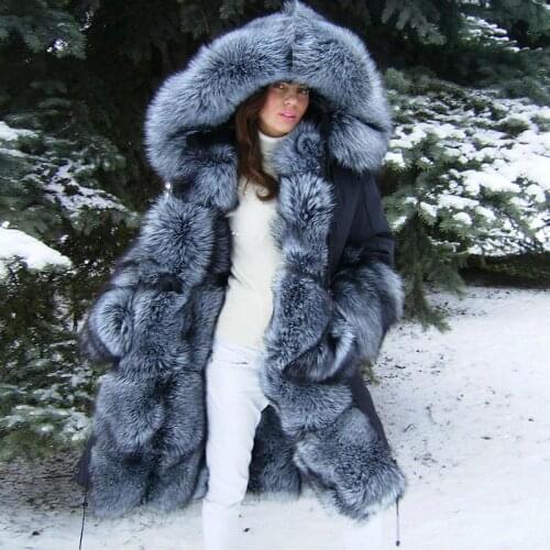 TOPFUR Luxury New Women Real Fur Parka Natural Silver Fox Fur With Fox Fur Liling Collar Winter Warm Fur Jacket Parka