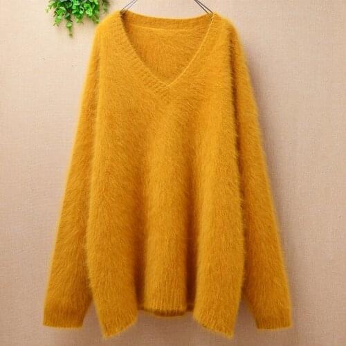 Female women autumn winter clothing hairy mink cashmere knitted v-neck loose oversized pullover angora fur jumper sweater pull