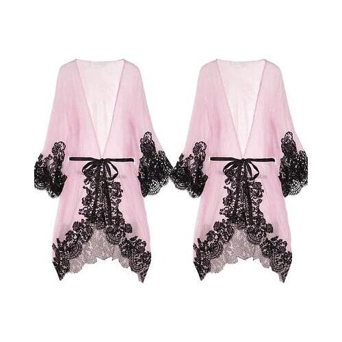 Women Sexy Pink Lace Sleepwear Chemise Kimono Sleep Nighty Gown Bath Robe sleeping dress