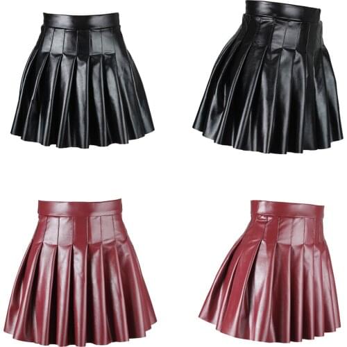 Women High Waist PU Leather Pleated Skirt Ladies Solid Color Side Invisible Zipper Dance A-Line Flared Miniskirt School Girls