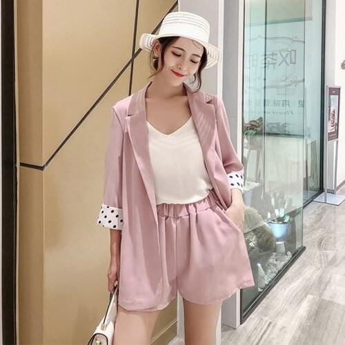 Female Pant suits Casual Women 2 Pieces Set Women Short Suits Dots Patchwork One-button Blazer Jacket & Elastic Waist Shorts