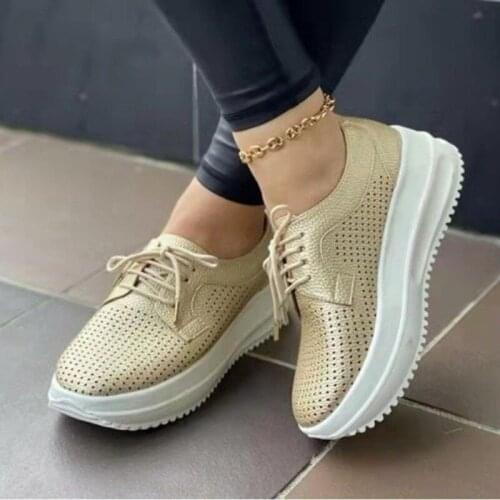 Fashion Womens Sneakers Hot Sale New Womens Thick-soled Hollow Mesh Casual Wedge Shoes Large Size Lace-up Single Shoes Women
