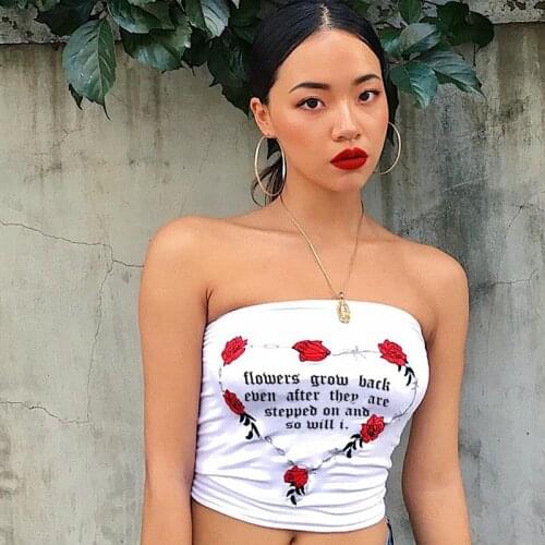 Focal20 Streetwear Sexy Letter Rose Printed Tube Top Women Tight Strapless Off Shoulder Crop Tops Causal Tube Top