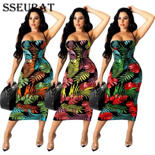 SSEURAT Sexy Print Bandage Midi Dress Women Strap Lace Up Bodycon Skinny Club Dress Summer Clothing 2021