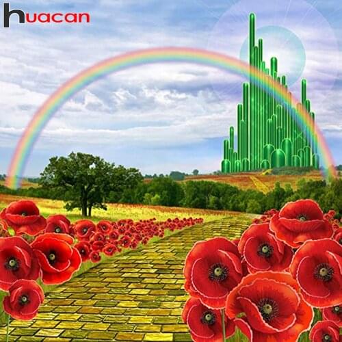 Huacan Diamond Painting Full Poppy Flower Rainbow Scenery Mosaic Embroidery Floral Tree Landscape Wall Decor