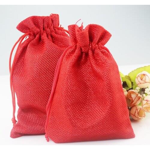 Free Shipping 50pcs 14*20cm Red Jute Bags Drawstring Gift Bag Big Storage Linen Bag Favor Cosmetics Jewelry Packaging Bags