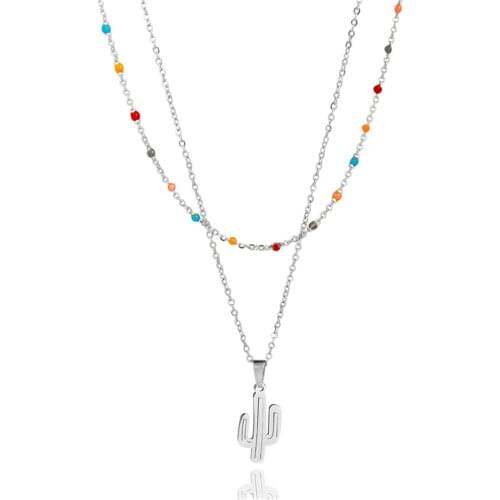Women Layered Plant Cactus Pendant Necklace Stainless Steel Colorful Beads Chain Choker Fashion Jewelry Gift for Friends