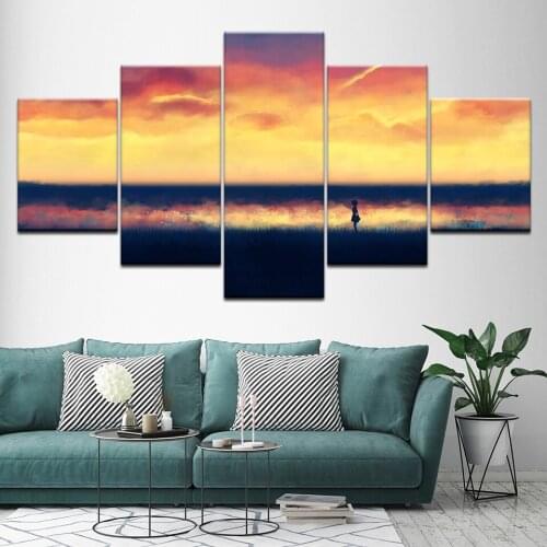 Canvas Painting shy girl sunset sky landscape 5 Pieces Wall Art Painting Modular Wallpapers Poster Print Home Decor
