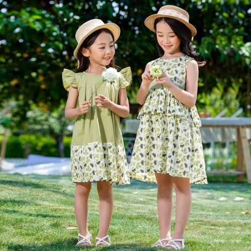 Summer Girls Dress Fly Sleeve Loose Dresses for Girls Sleeveless Green Floral Print Sisters Dress Princess Kids Children Clothes