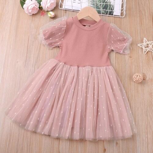 Summer Dress 2021 New Fashion Net Yarn Stitching Polka Dot Puff Sleeve Party Princess Dress Kids Clothing Girl Dress