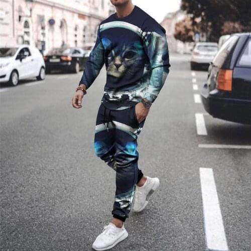Summer fashion casual 3D animal print mens suit sportswear casual wear mens sports shirt long-sleeved trousers 2-piece set