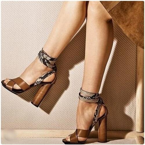 Hot Selling Brown Leather Cross Ankle Strap Women Square Heels Sandals Peep Toe Cut-out Snake Print Leather Cut-out Dress Shoes