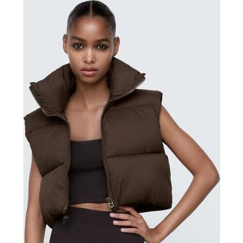 Fashion Autumn Stand Collar Cotton Vests Women Elegant Solid Simple Zipper Coats Women Casual High Waisted Vests Ladies