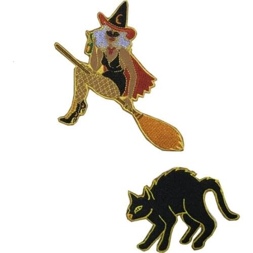 Fashion Witch And Cat Halloween Iron on Embroidery Patches Applique for Clothing Accessorie Women Baby Girl Clothes Stickers