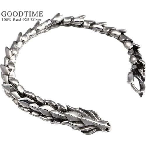 Trendy Men Bracelet 100% 925 Sterling Silver Jewelry Vintage Thai Silver Domineering Dragon Shaped Bracelet Gift