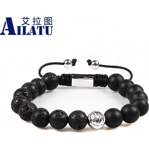 Ailatu Powerful Micro Paved Cubic Zirconia Copper Beads with 10mm Lava Stone and Matte Onyx Beads Braiding Macrame Bracelet