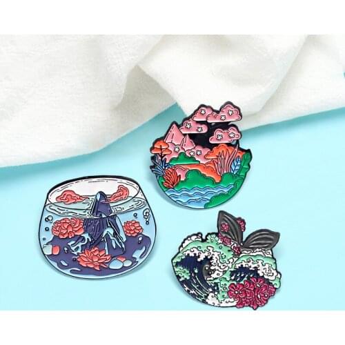 Cartoon Cherry Blossoms Rose Brooches Cherry tree Whale Sea wave Peak Forest Ocean Valley Enamel Pin Lapel Jewelry Gift for Kids