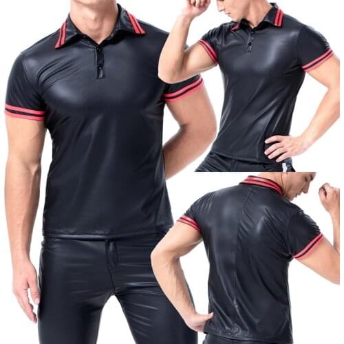 Plus Size Mens T-shirts Faux Leather Short Sleeve Shirts Tee Sports Fitness Body Shapers Streetwear Undershirts Casual Outfits