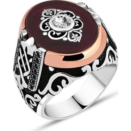 Synthetic Amber Mid-Zircon Stone Motif Silver Men 'S Ring