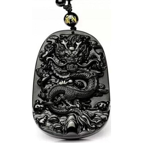Natural Black Obsidian Dragon Necklace Pendant Stone Jewelry