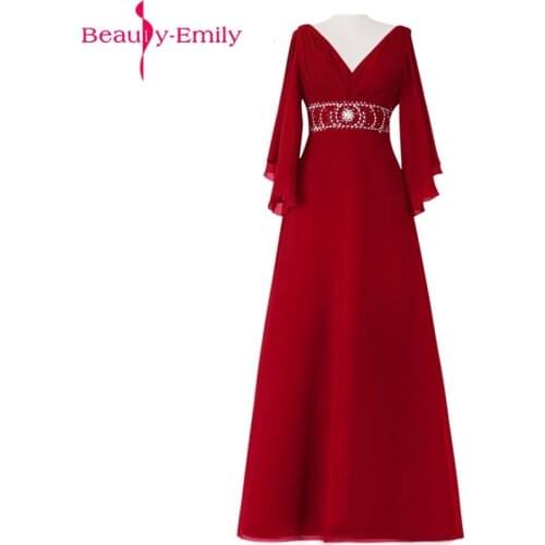 Beauty Emily Mother of the Bride Dresses 2019 A Line Full Sleeve V-Neck Zipper Formal Wedding Party Mom Prom Dresses