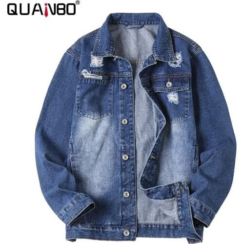 Plus Size 6XL 7XL 8XL Jean Jacket for Men Classic Ripped Loose Denim Jacket with Holes Top Quality Cotton Coat