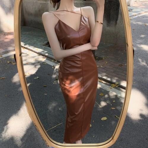 Sexy off shoulder strap cross slim Leather Dress Women Midi Dress V Neck Backless Bodycon Sexy Streetwear Party Elegant Club193F