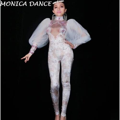 Sexy Spandex Lace Sleeves Rhinestones Jumpsuit Womens Leggings One Piece Performance Stage Costume Nightclub Birthday Outfit