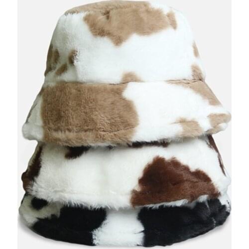 Fisherman Hat Female Autumn and Winter Cow Pattern Plush Basin Hat Japanese Korean Version of Warm Bucket Hat