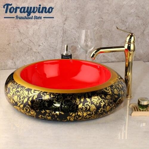 Torayvino Luxury Painted Basin Set Golden Bathroom Faucet Counter Top Basin Sink Single Hand Vanity Sink Hot Mixer Water Tap
