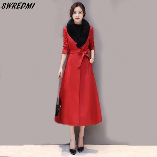 SWREDMI Thickening Warm Leather Clothing Women Autumn Winter Warm Leather Trench Female Sashes Slim Fashion Leather Coats