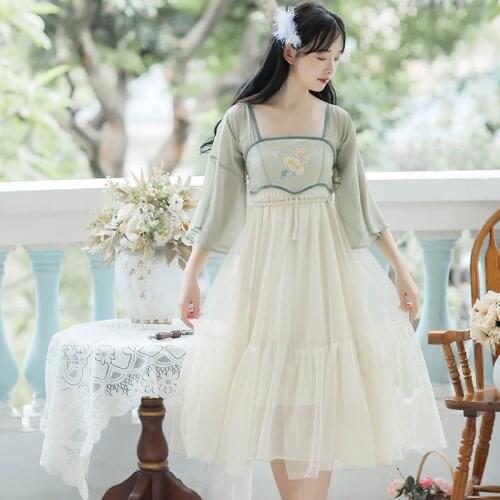 Chinese Style Hanfu Traditional Vestidos Han Dynasty Princess Clothing Summer Beaded Tassel Square Neck Mesh Fairy Dress Women