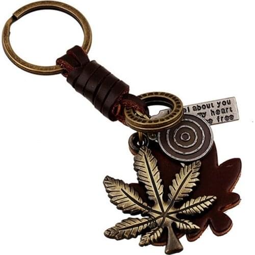 Alloy Vintage Maple Leaf Key Rings Braided Cowhide Key Chains Pendant Gift For Friends 5PCS