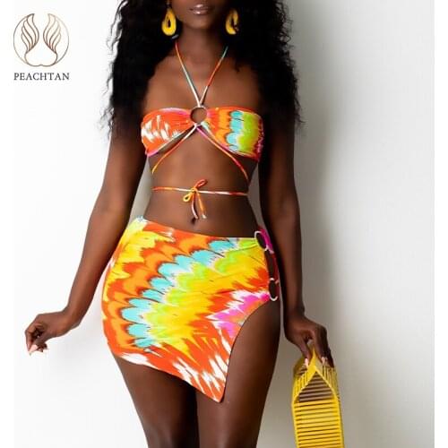 Peachtan Print bikinis 2021 mujer Bandeau swimsuit womens swimming suit Bandage swimwear female Skirts 3 pieces set biquini new
