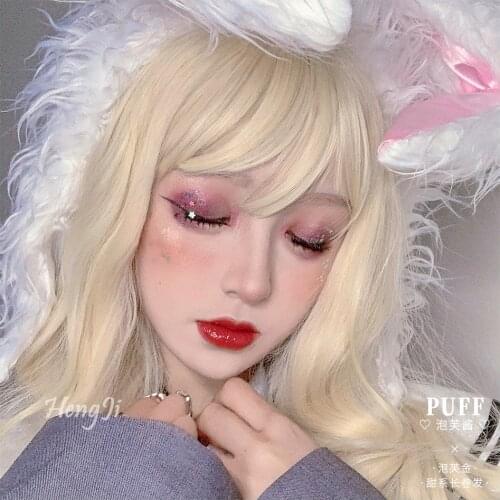 Long Curly Lolita Wig Puff Puff Golden 60cm Long Wavy Hair Synthetic Heat Resistant